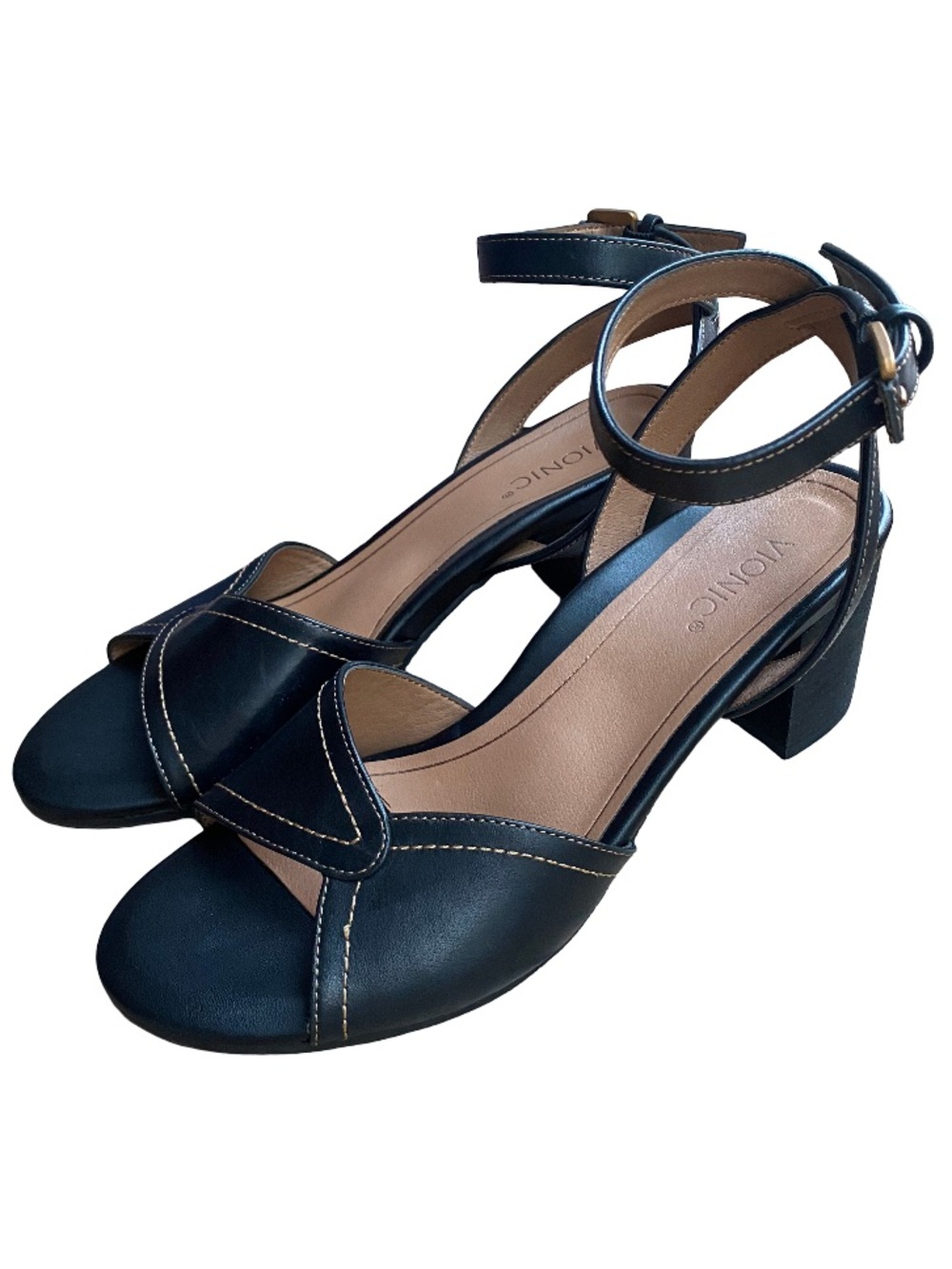 Vionic black leather Isadora strappy dressy heeled sandal orthotic shoes size 8